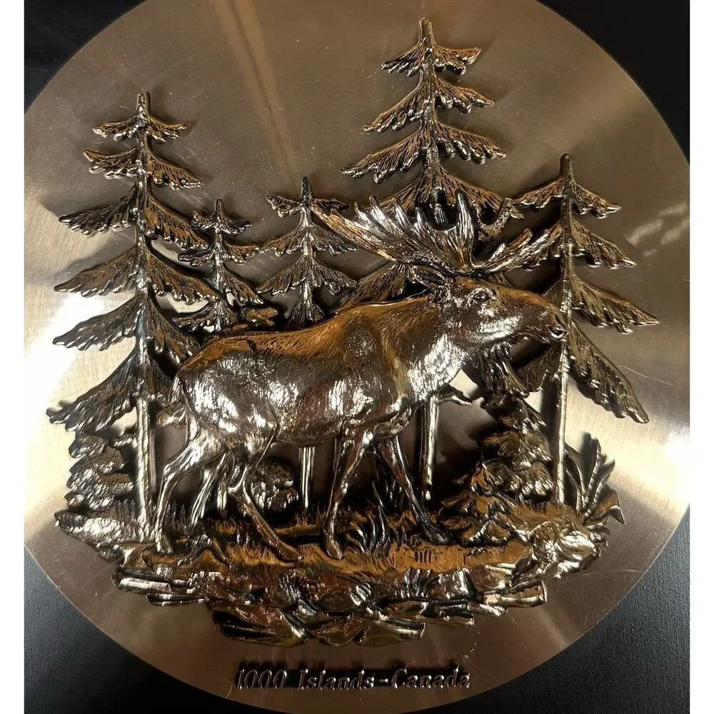 Vtg 3D Moose Trees Wall Plaque Wood Copper‎ A&F 1000 Islands Canada Cabin Decor